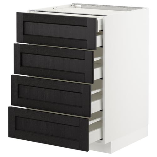 Modern kitchen unit: sleek white base with 4 dark grey wooden drawers, sleek handles, neat design.