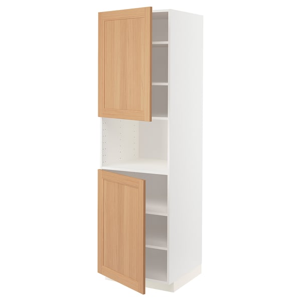 White tall kitchen cabinet with oak doors.