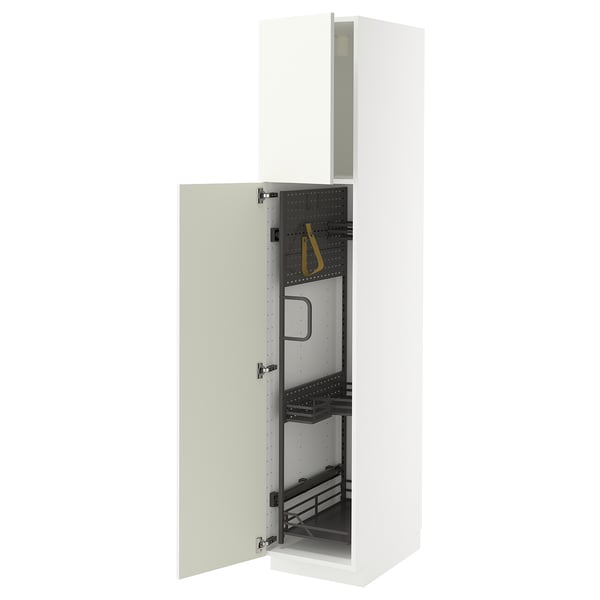 METOD white kitchen cabinet with vallstena front, featuring pull-out organisers and hinges, designed for kitchen or laundry use.