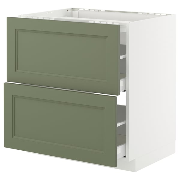 Modern kitchen cabinet: METOD with green-gray axstad fronts, two drawers, smooth edges, white frame.