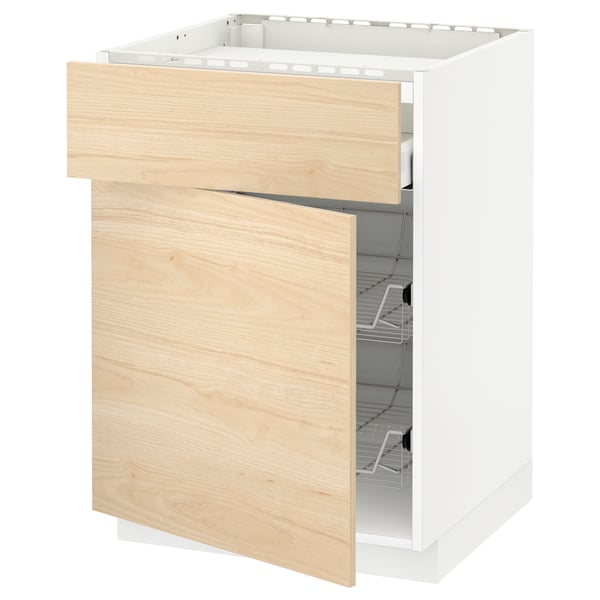 Modern kitchen cabinet, light wood drawers, white frame, open wire shelves, light, natural look.