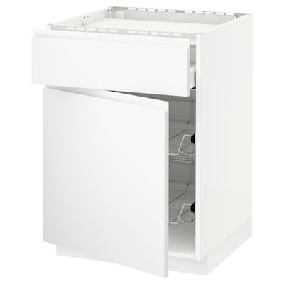 White METOD kitchen cabinet with open drawer, sleek modern design.