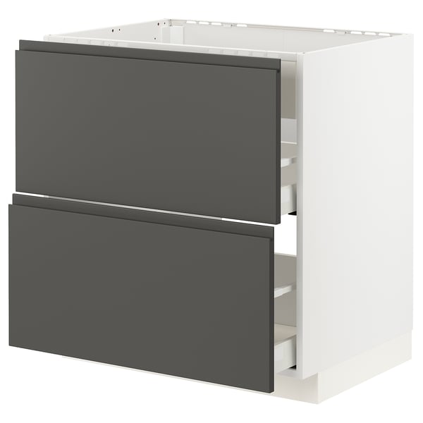 Modern kitchen unit with 2 grey drawers, white frame, sleek design.