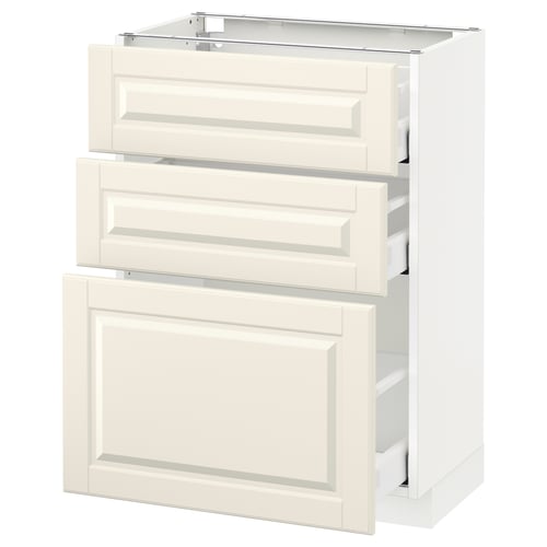 METOD kitchen unit in off-white with three drawers and one door, featuring bevelled edges on the drawer fronts.
