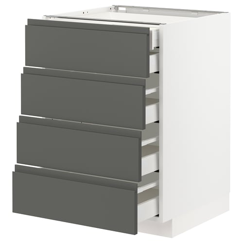 A modern kitchen cabinet unit, white with four grey drawers, featuring a sleek design and integrated handles.