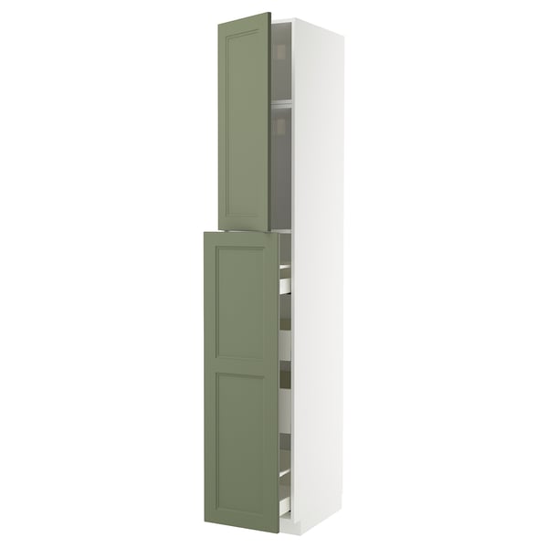 METOD kitchen unit in green with white interior, featuring shelves and drawers.