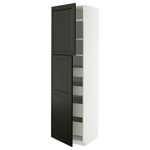 White & black cabinet, modern design, sleek edges, two doors open to show shelves.