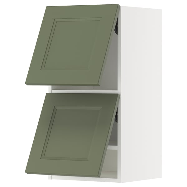 Two olive green kitchen wall cabinets with square doors and a modern design.
