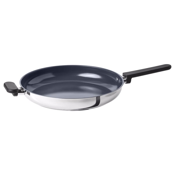 MIDDAGSMAT frying pan, silver with black handle, non-stick, round shape, durable stainless steel body.