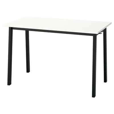 A MITTZON desk in white and black. It has a rectangular shape and a minimalist design with four angled legs.