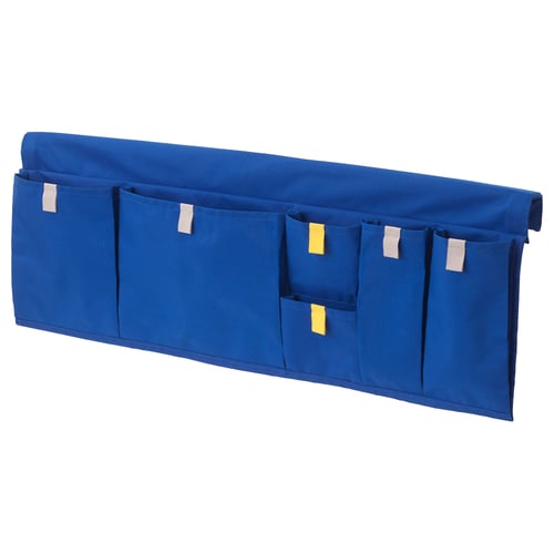 Blue MÖJLIGHET bed organiser with pockets, made of polyester.