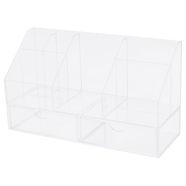 A clear, rectangular MOJAN acrylic plastic storage unit with multiple compartments and two drawers for organising makeup and jewellery.