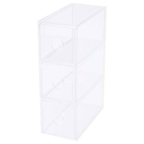 MOJAN: clear acrylic 3-drawer makeup organiser. Transparent, upright or side layout, easy-pull design.