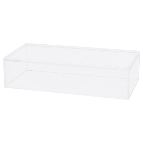 A clear, rectangular acrylic storage box by MOJAN, with a transparent lid.