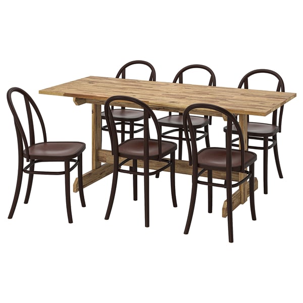 A rustic wooden dining set, six chairs with cushions, acacia & beech wood, classic shaker style.