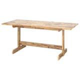 Rustic brown acacia wood dining table with natural grain and traditional shaker-inspired four-legged design.
