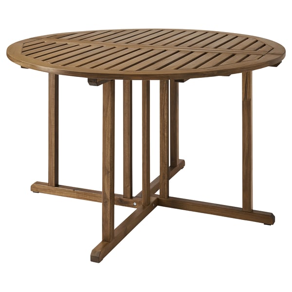 NÄMMARÖ round outdoor table, brown stained acacia wood, sturdy and social shape.