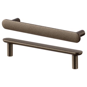 Two bronze NYDALA handles with cylindrical shapes, one with a bar and the other with a vertical post, set against a white background.