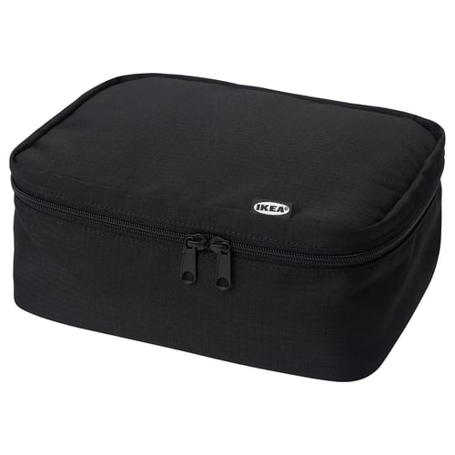 Black IKEA toiletry bag, rectangular with zip, made from recycled polyester.