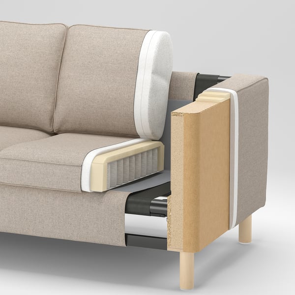 Sofa cross-section: fabric, foam, wood. Metal springs, clear-finish legs.