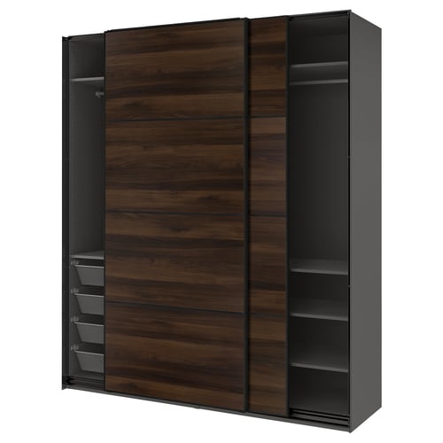 PAX / MEHAMN Wardrobe with sliding doors, dark grey black/double sided dark brown oak effect, 200x66x236 cm