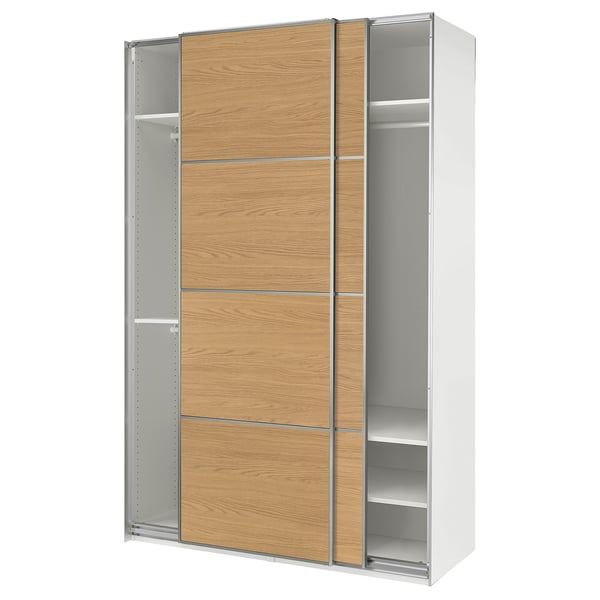 PAX / MEHAMN Wardrobe with sliding doors, white aluminium/double sided oak effect, 150x66x236 cm