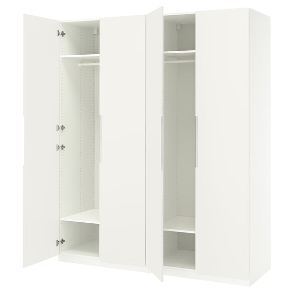 This image shows a white ikea PAX wardrobe with open doors, revealing empty shelves and a hanging rod, designed for efficient closet storage.