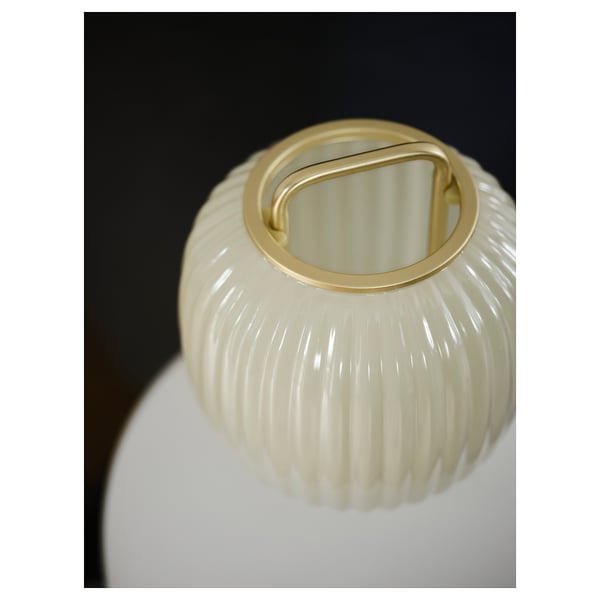 PILBLIXT lamp, white glass & gold handle, ribbed design, ornate, modern yet traditional.