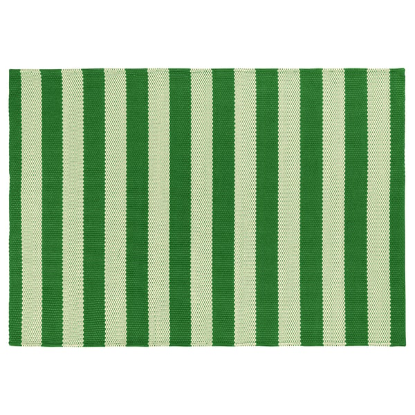 A green and beige striped PLATÅGUPP rug, rectangular with a textured design.
