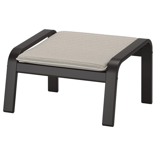 POÄNG footstool, beige cushion, black metal frame, modern, square seat, ergonomic design.