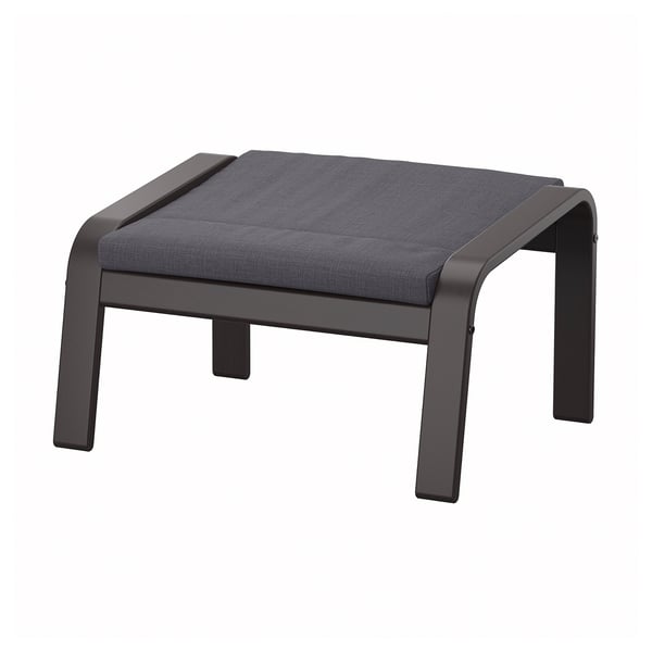 Modern grey POÄNG footstool, cushioned, angular black wooden frame, sleek and minimalist design.