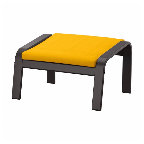 Bright yellow cushioned footstool, sleek black frame, modern design.