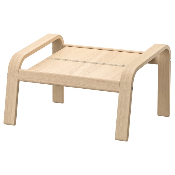 The POÄNG footstool is a light brown, rectangular-shaped wooden piece with bent oak legs, designed for comfort and relaxation.