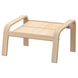 The POÄNG footstool is a light brown, rectangular-shaped wooden piece with bent oak legs, designed for comfort and relaxation.