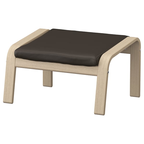 POÄNG footstool, black leather on light wood frame, square shape, sleek design.