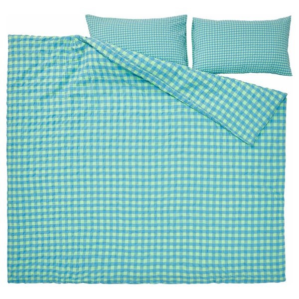 A RÅGBLOMMA bedding set in green/blue check, featuring a soft waffle texture and cotton-viscose blend. Includes a duvet cover and two pillowcases.