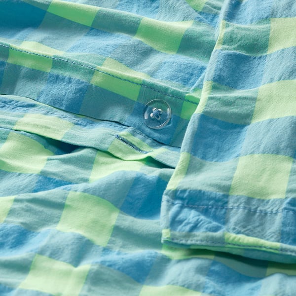 Chequered blue-green duvet with button closure, soft cotton-viscose blend.