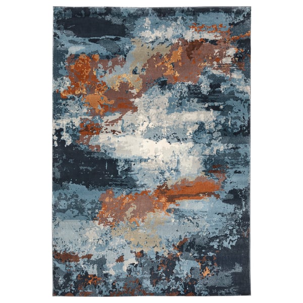 Abstract rug with dark blue, grey, and orange hues. An artistic, textured pattern. Crafted from durable polypropylene with a latex backing.