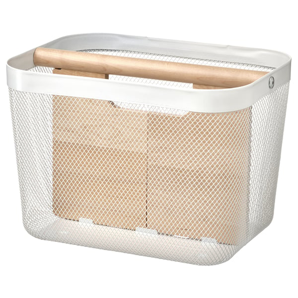 A white RISATORP storage basket with a mesh design, featuring a wooden handle and divider for organising items.