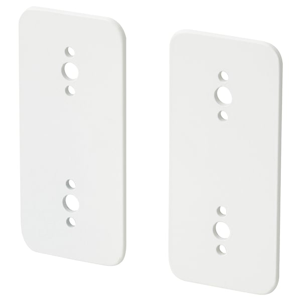 Two white, rectangular SKÅDIS connectors for vertical pegboard attachment, made of steel.
