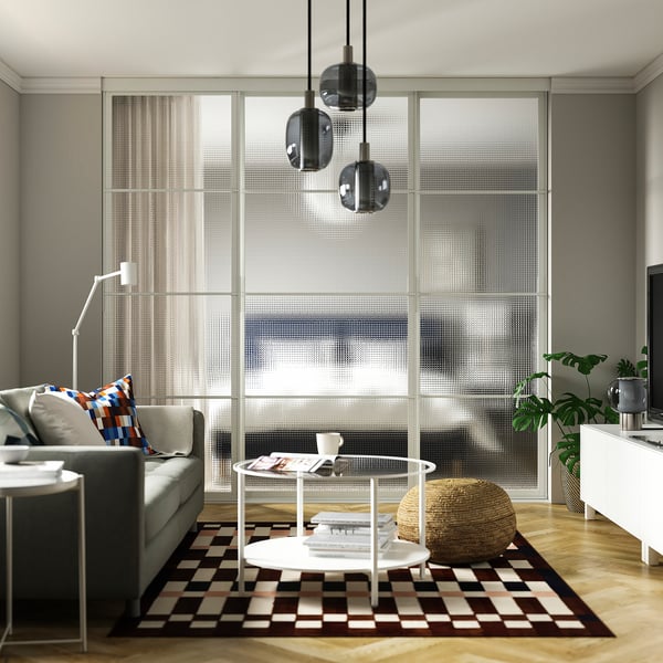 SKYTTA / LUNDBRÄSMA Sliding door combination, white/checkered glass, 251x240 cm