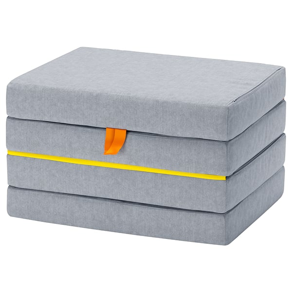 A grey, rectangular, foldable kids mattress in light grey with yellow and orange accents, designed for play and sleep.
