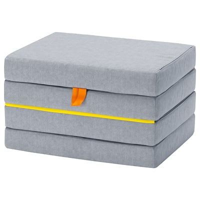 A grey, rectangular, foldable kids mattress in light grey with yellow and orange accents, designed for play and sleep.