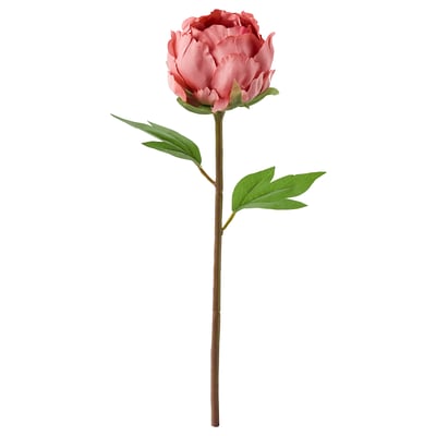 Single pink artificial peony with green leaves, made from recycled plastic.