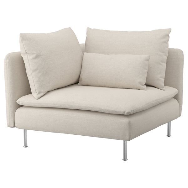 A light beige SÖDERHAMN corner sofa chair with chrome legs, soft cushions, and a modern design.