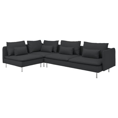 SÖDERHAMN dark grey l-shaped sofa, modern & deep-seated, black cushions, metal legs, cosy & stylish.