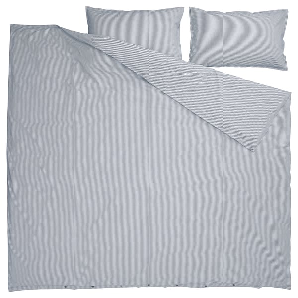 Ikea SOLFIBBLA blue white striped bedding set, recycled cotton, rectangular.
