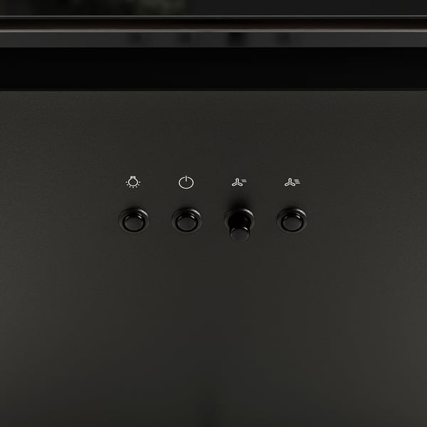 Black kitchen hood with control knobs and led light, offering 3 speed settings for efficient ventilation.