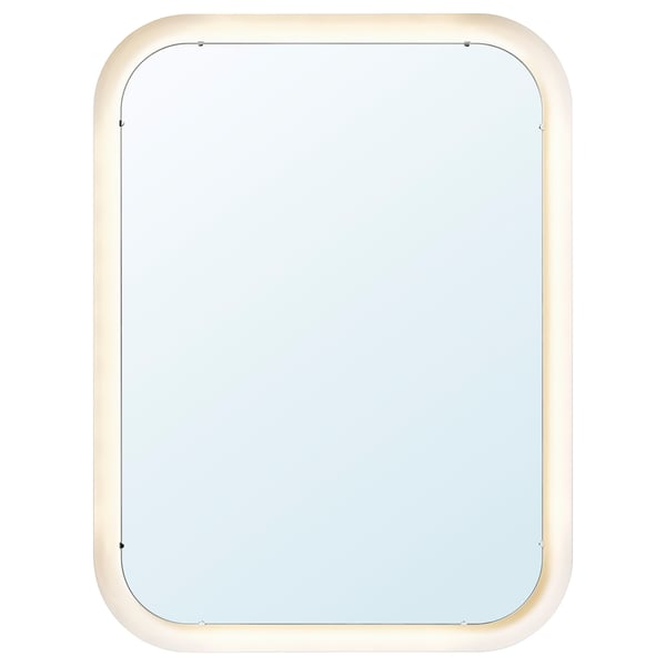 STORJORM mirror: rectangular white frame, led light, wall-mounted.