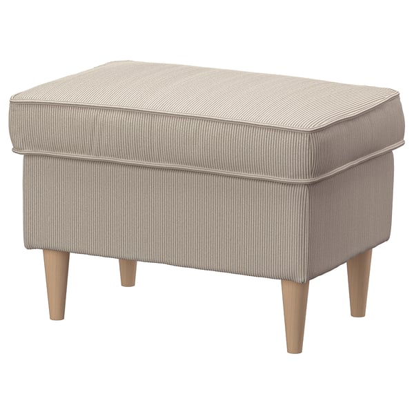 Beige corduroy footstool with wooden legs.